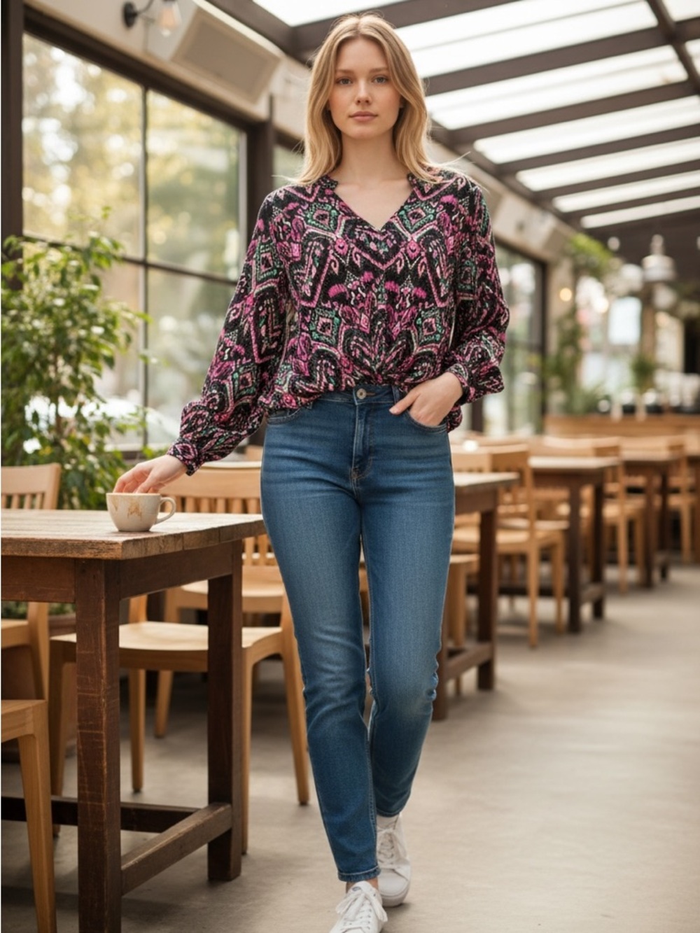 LIKE NEW Tribal Jeans V-Neck Printed Blouse in Black with Pink & Teal Women’s XL